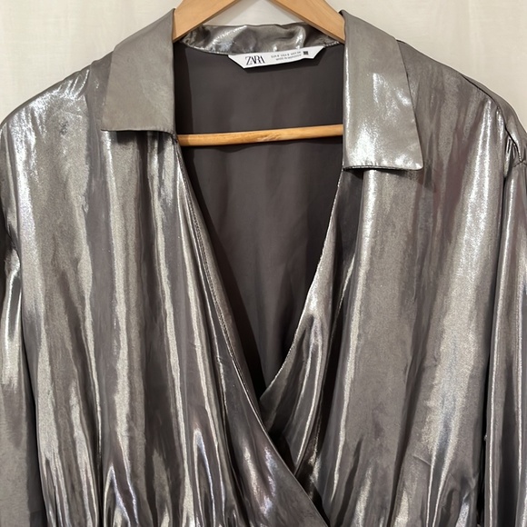Zara Shiny Sliver Sheer Long Sleeve Faux Wrap Dress a230 - Picture 3 of 6